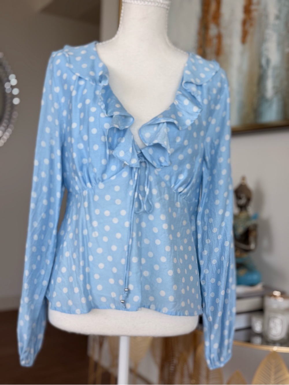 Light Blue Polka Dot Ruffle Front Women’s Blouse